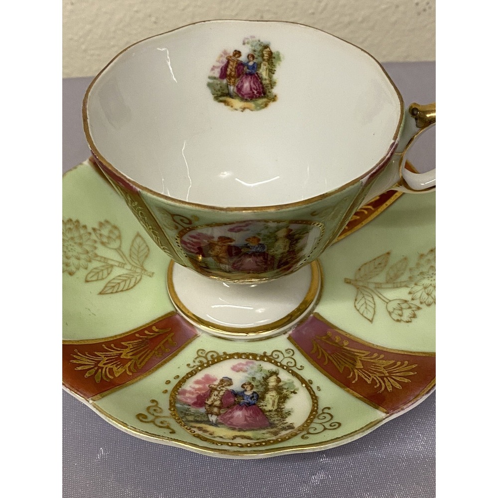 Royal Sealy China Japan Cup and Saucer - Courting Couple Mint Green /Iridescence